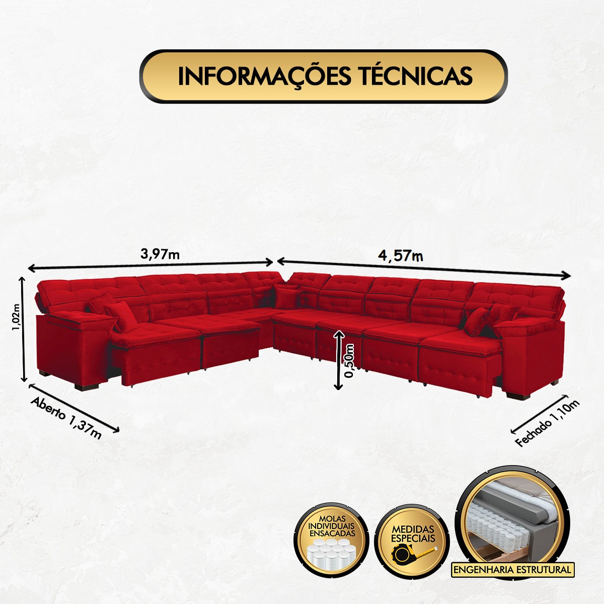 Sofá Magno 3.97x4.57m de Canto, Retrátil e Reclinável - Vermelho