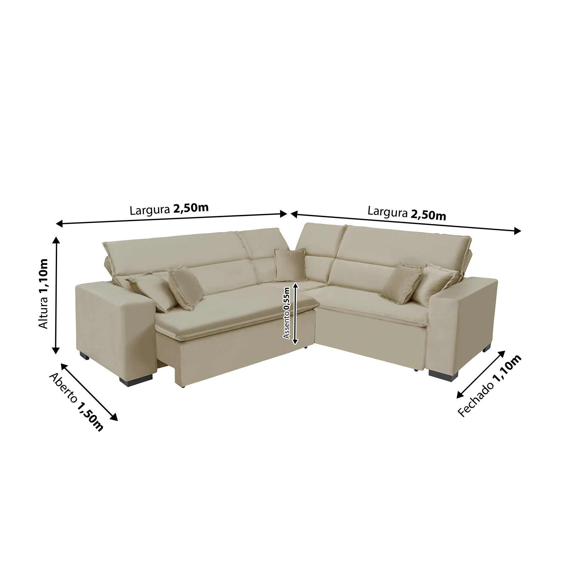 Sofá Milão 2.50x2.50m de Canto, Retrátil e Reclinável - Bege