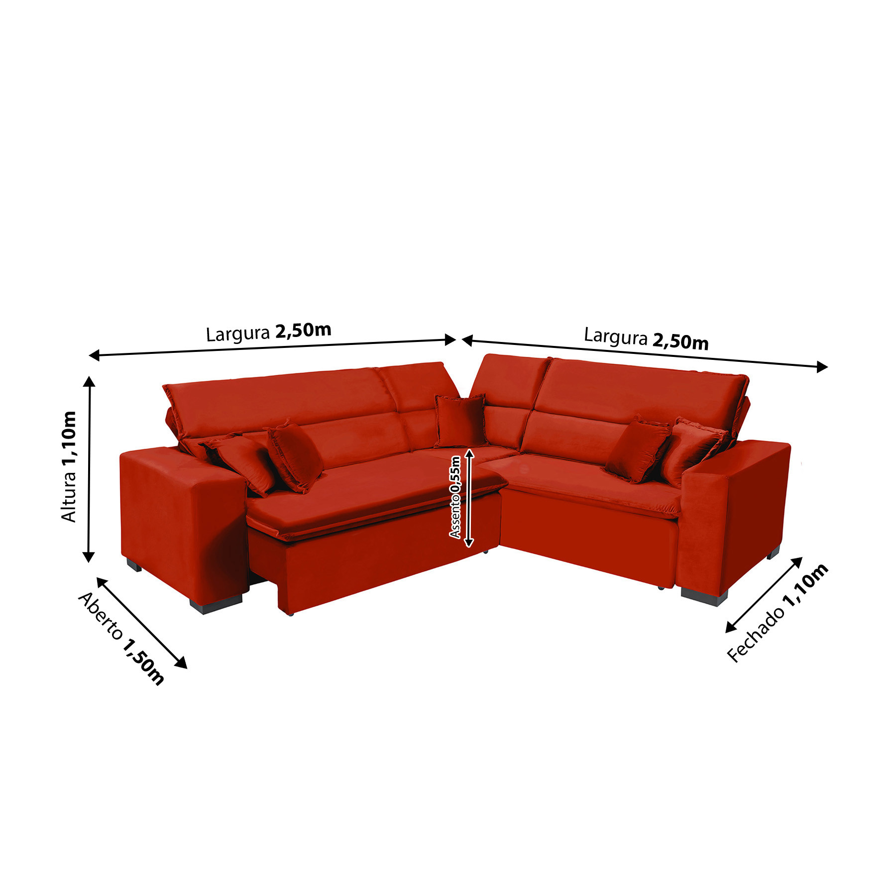 Sofá Milão 2.50x2.50m de Canto, Retrátil e Reclinável - Vermelho