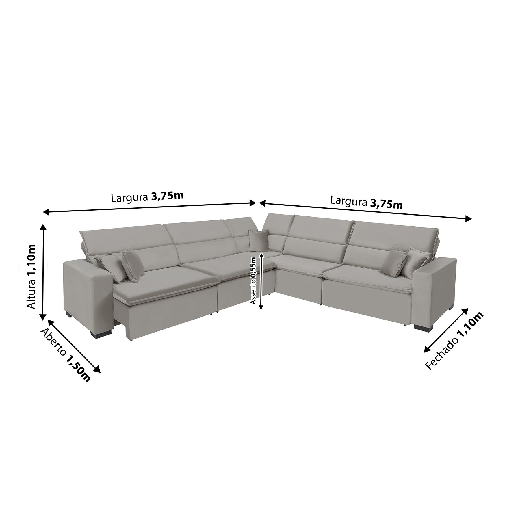 Sofá Milão 3.75x3.75m de Canto, Retrátil e Reclinável - Avelã