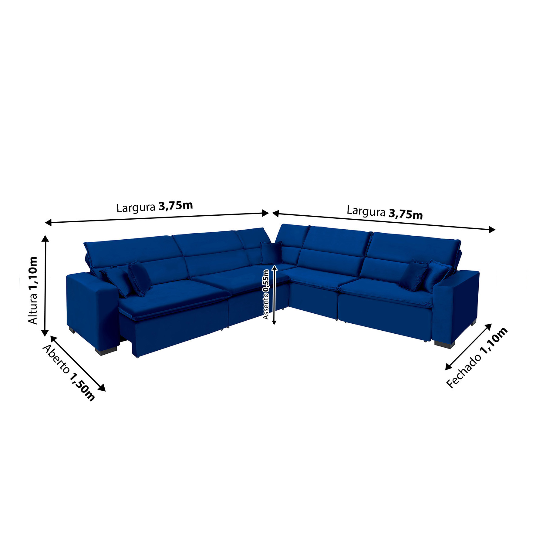 Sofá Milão 3.75x3.75m de Canto, Retrátil e Reclinável - Azul