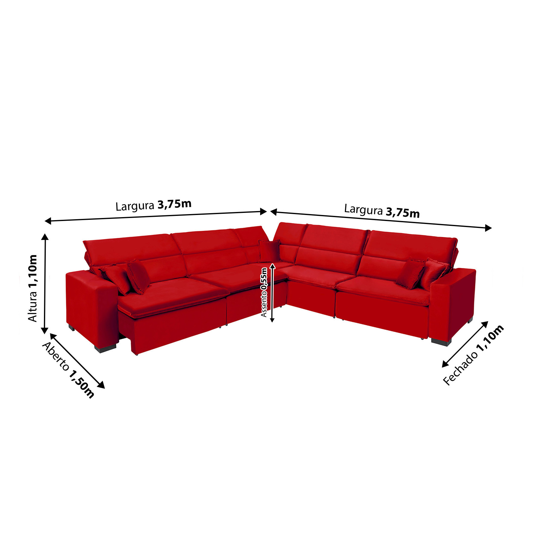 Sofá Milão 3.75x3.75m de Canto, Retrátil e Reclinável - Vermelho