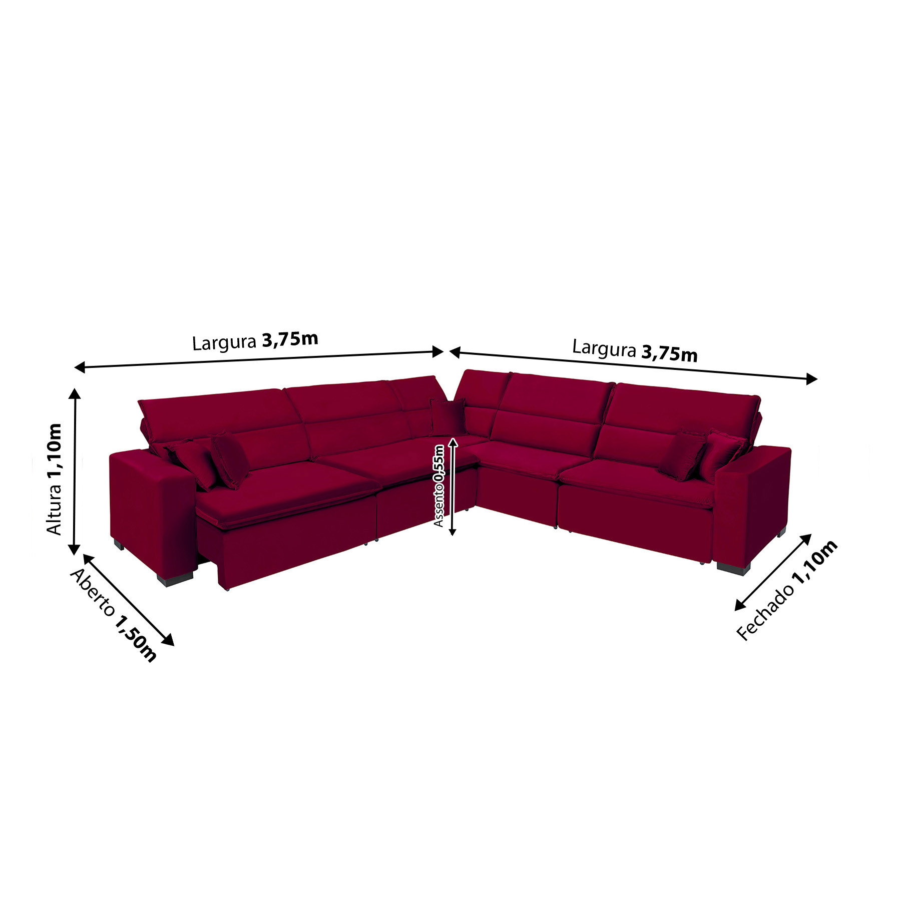 Sofá Milão 3.75x3.75m de Canto, Retrátil e Reclinável - Vinho