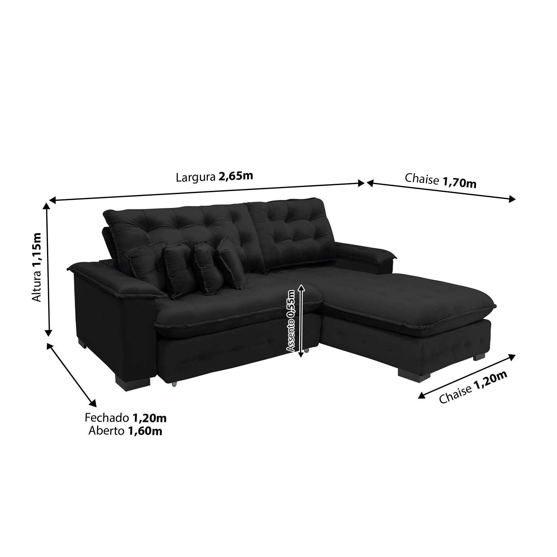 Sofá Berlin 2.65x1.70m com Chaise Super Pillow Top - Preto