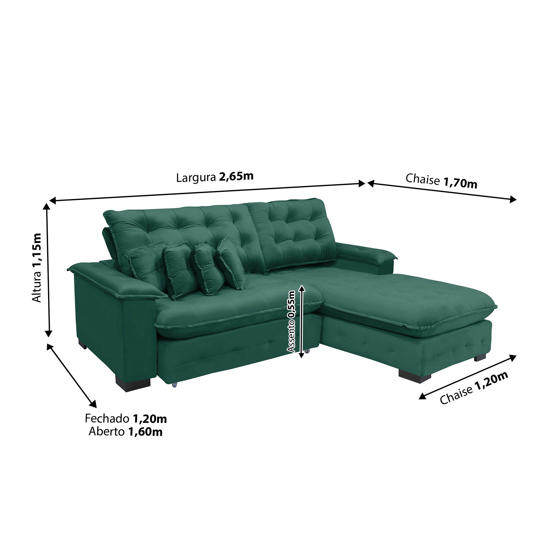 Sofá Berlin 2.65x1.70m com Chaise Super Pillow Top - Verde