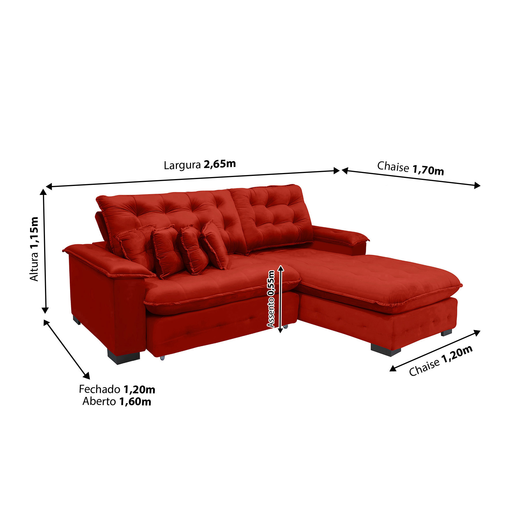 Sofá Berlin 2.65x1.70m com Chaise Super Pillow Top - Vermelho