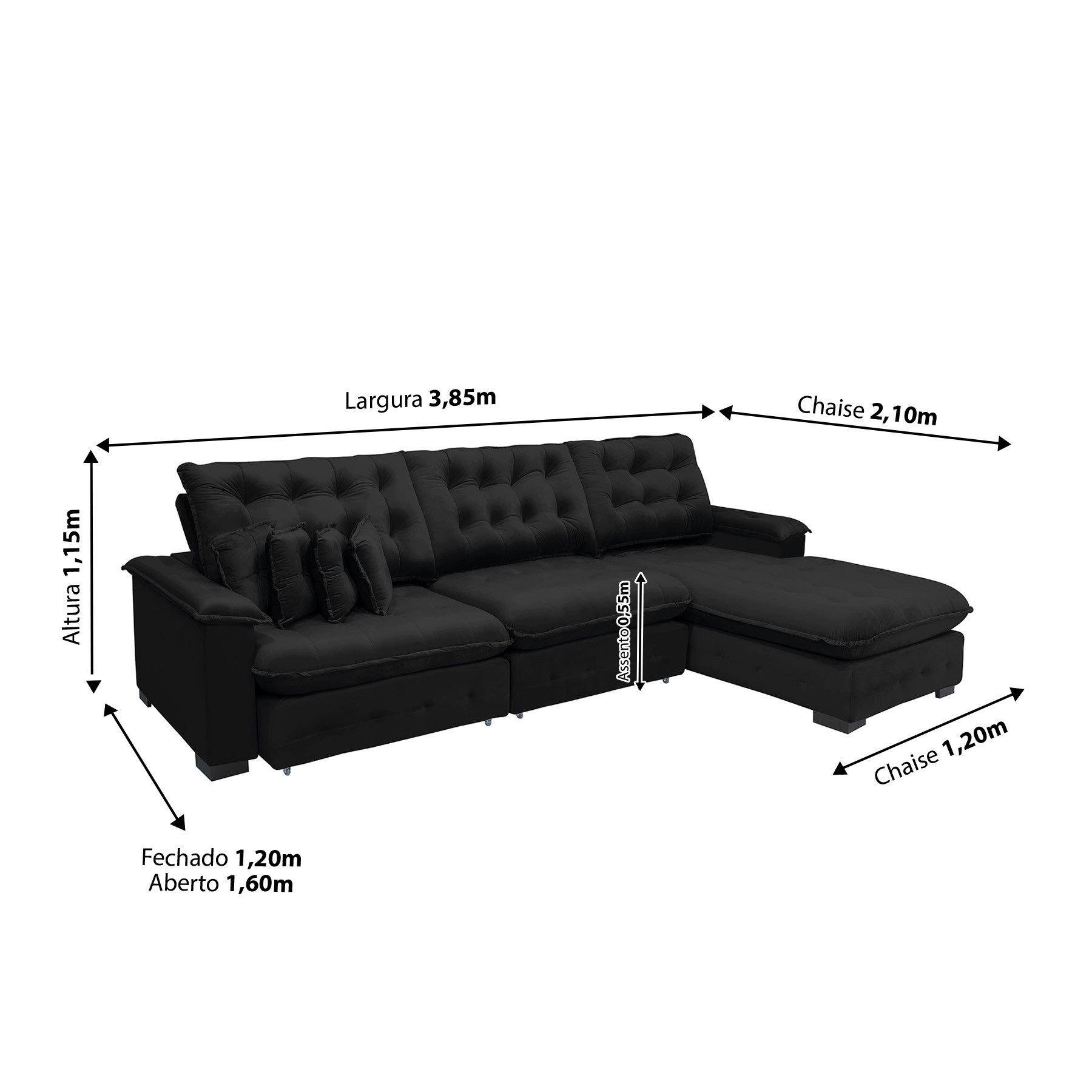 Sofá Berlin 3.85x2.10m com Chaise Super Pillow Top - Preto