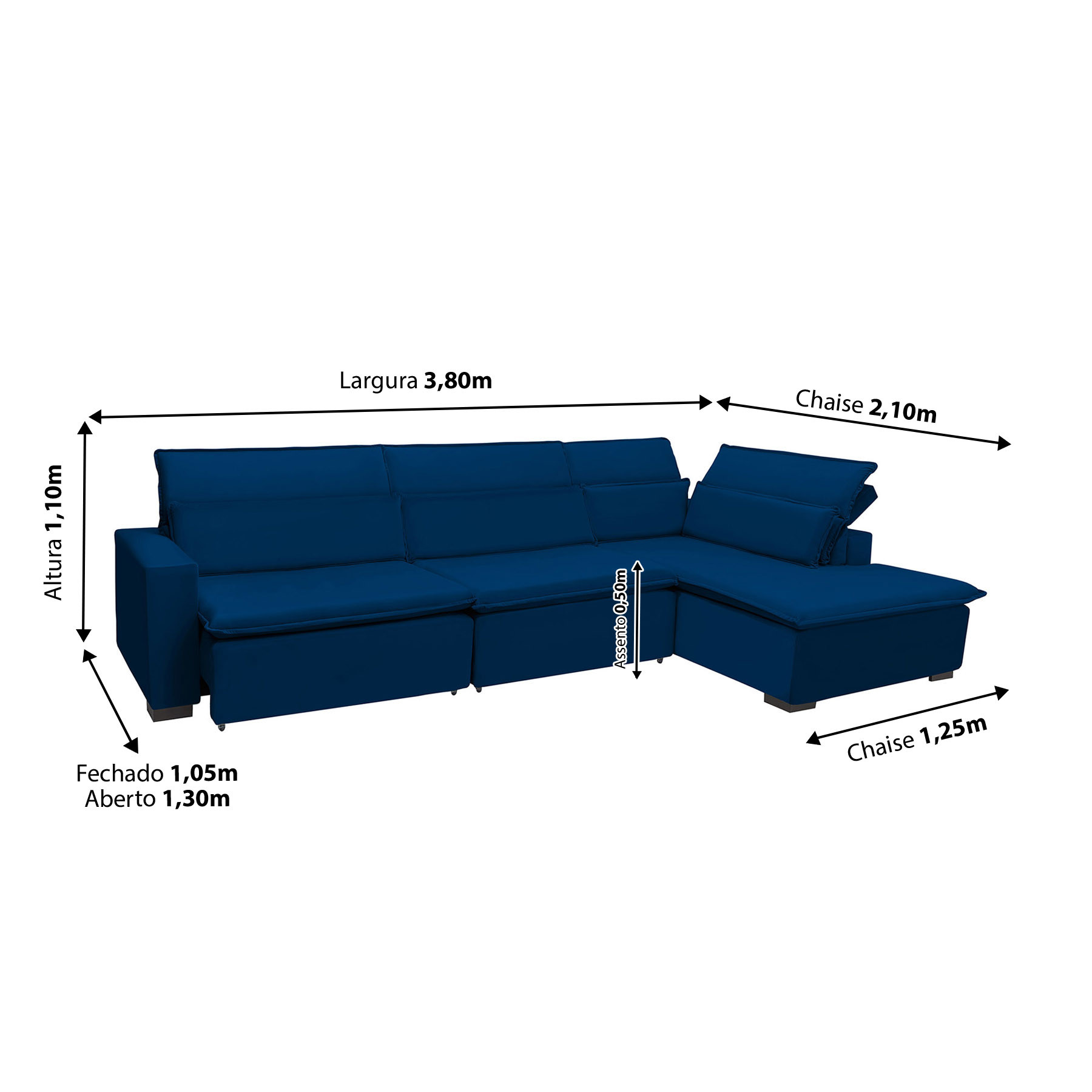 Sofá Istambul 3.80x2.10m Retrátil e Reclinável com Chaise - Azul