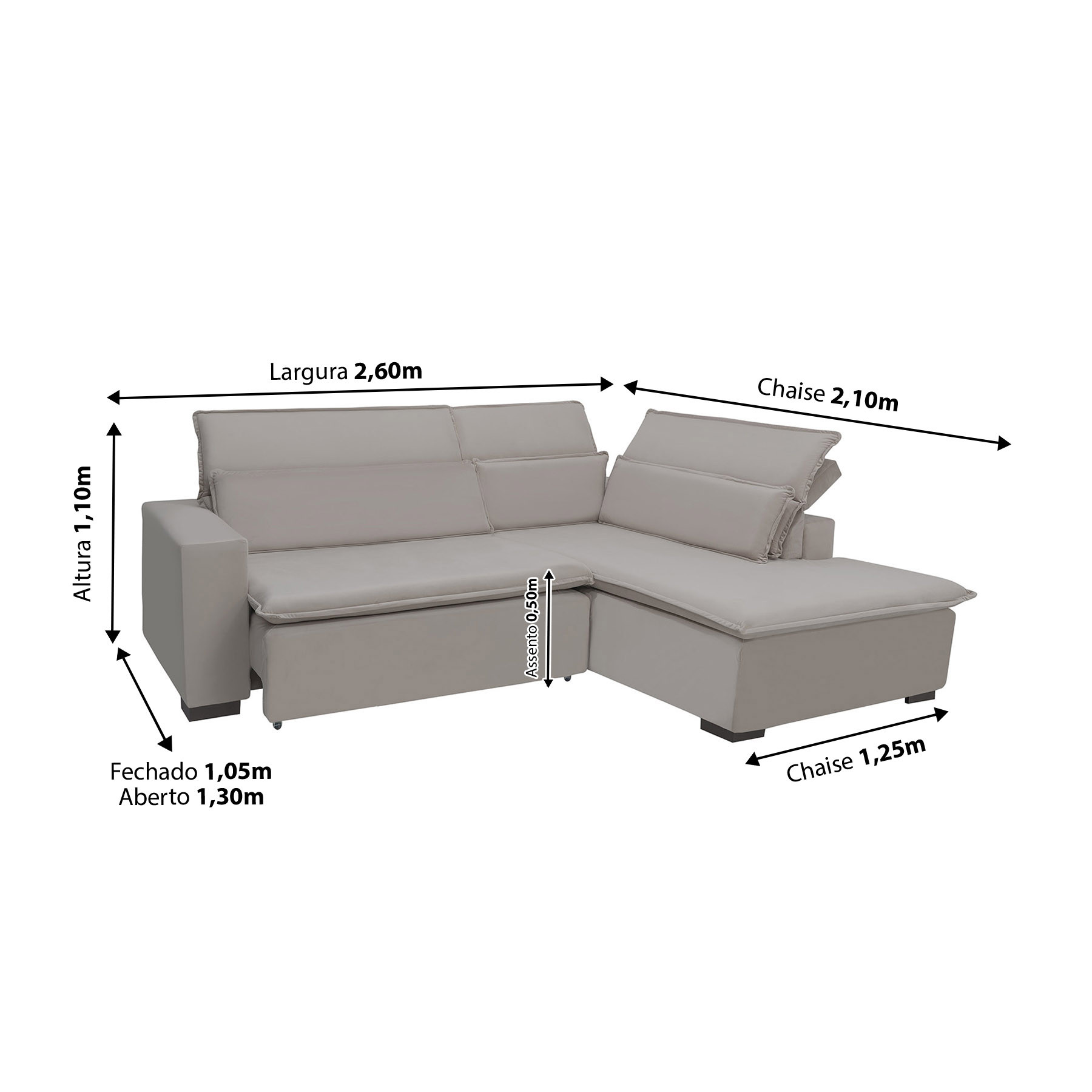 Sofá Istambul 2.60x2.10m Retrátil e Reclinável com Chaise - Avelã