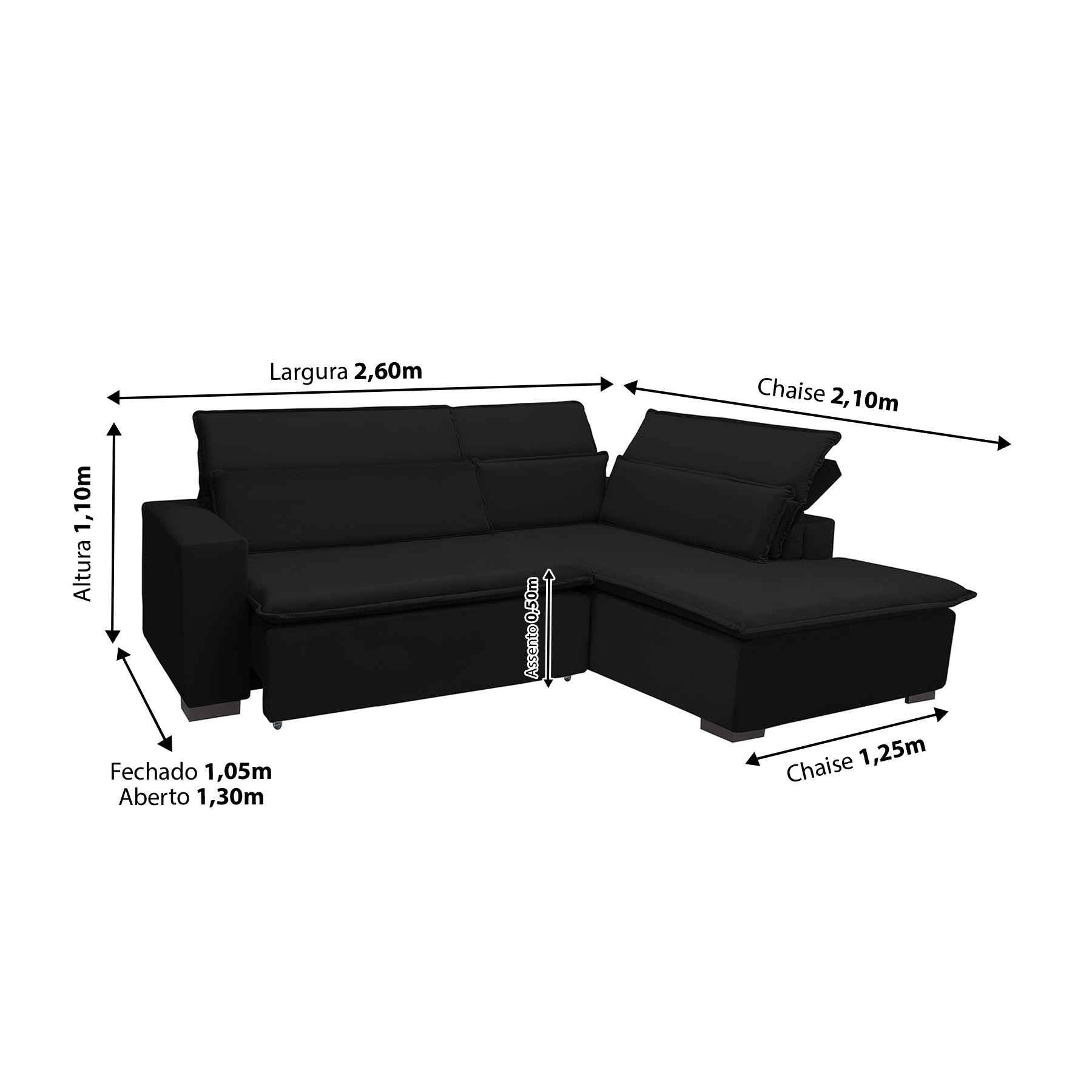 Sofá Istambul 2.60x2.10m Retrátil e Reclinável com Chaise - Preto