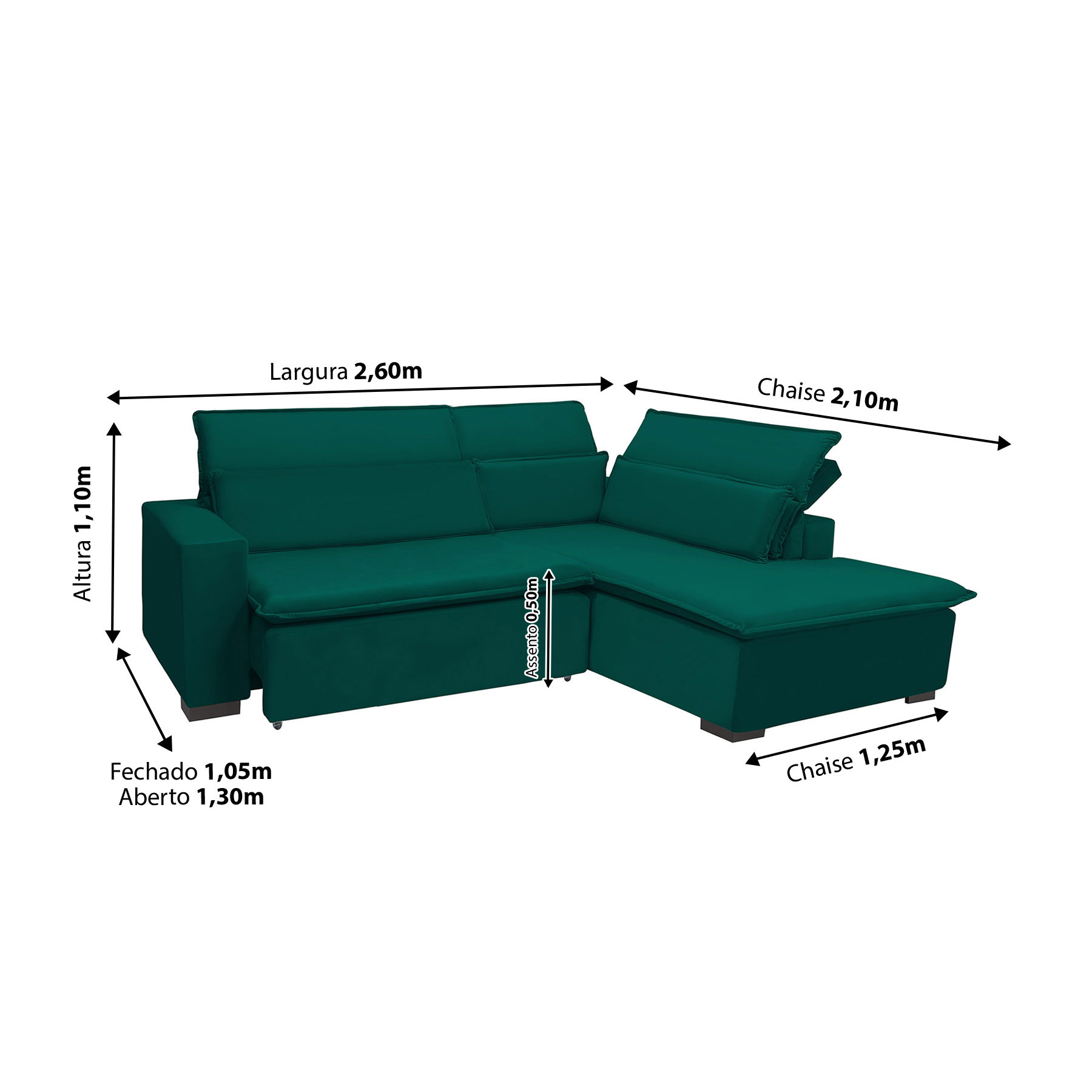 Sofá Istambul 2.60x2.10m Retrátil e Reclinável com Chaise - Verde