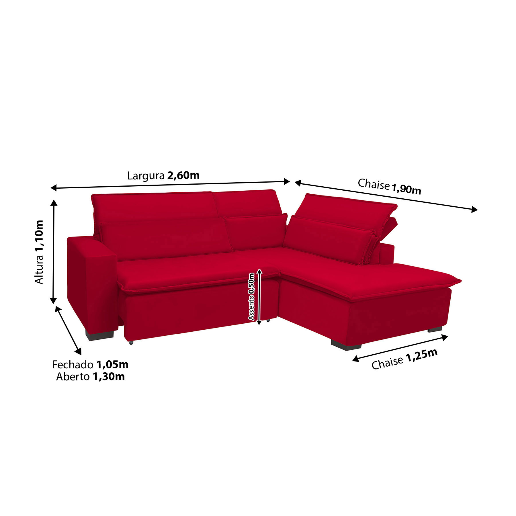 Sofá Istambul 2.60x1.90m Retrátil e Reclinável com Chaise - Vermelho