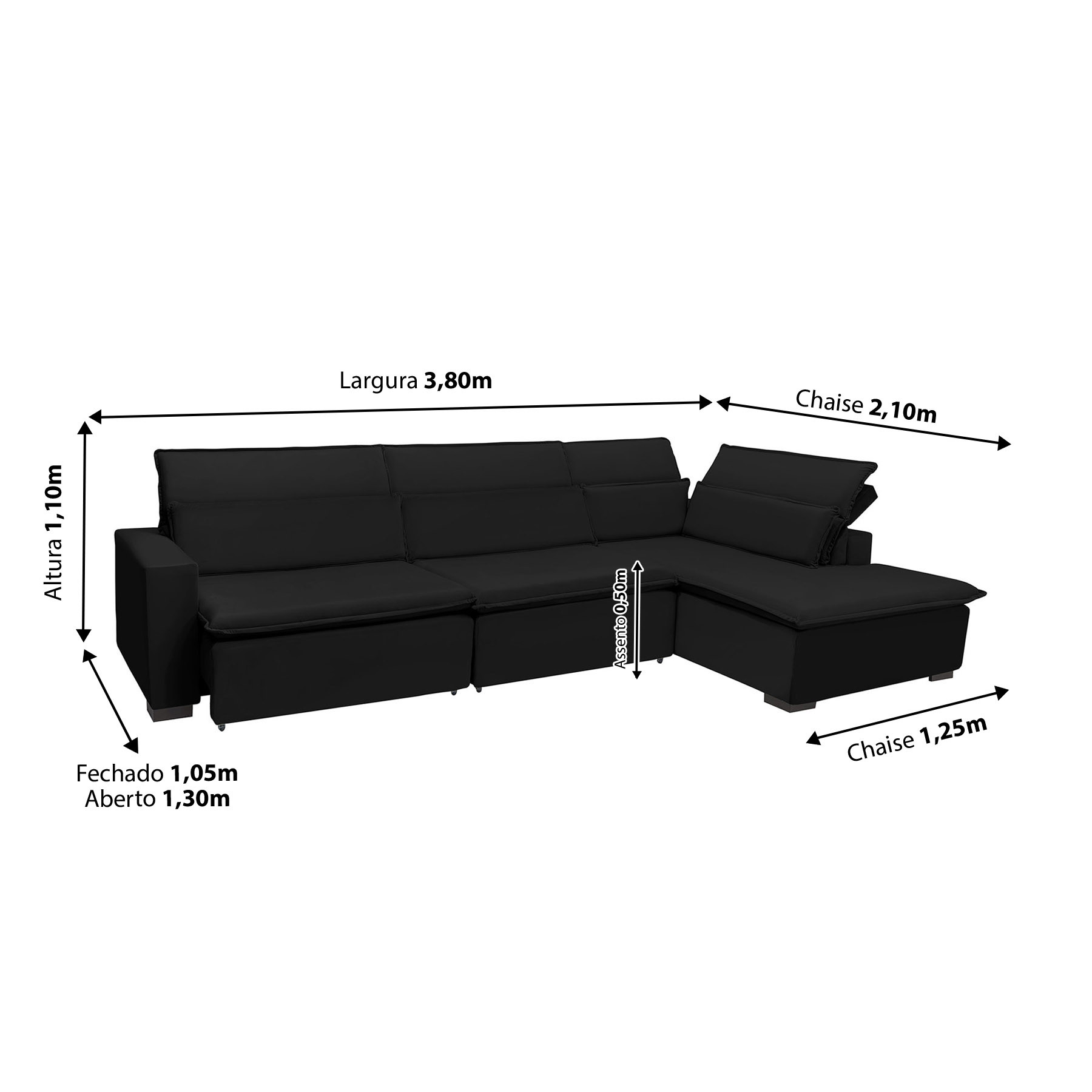 Sofá Istambul 3.80x2.10m Retrátil e Reclinável com Chaise - Preto