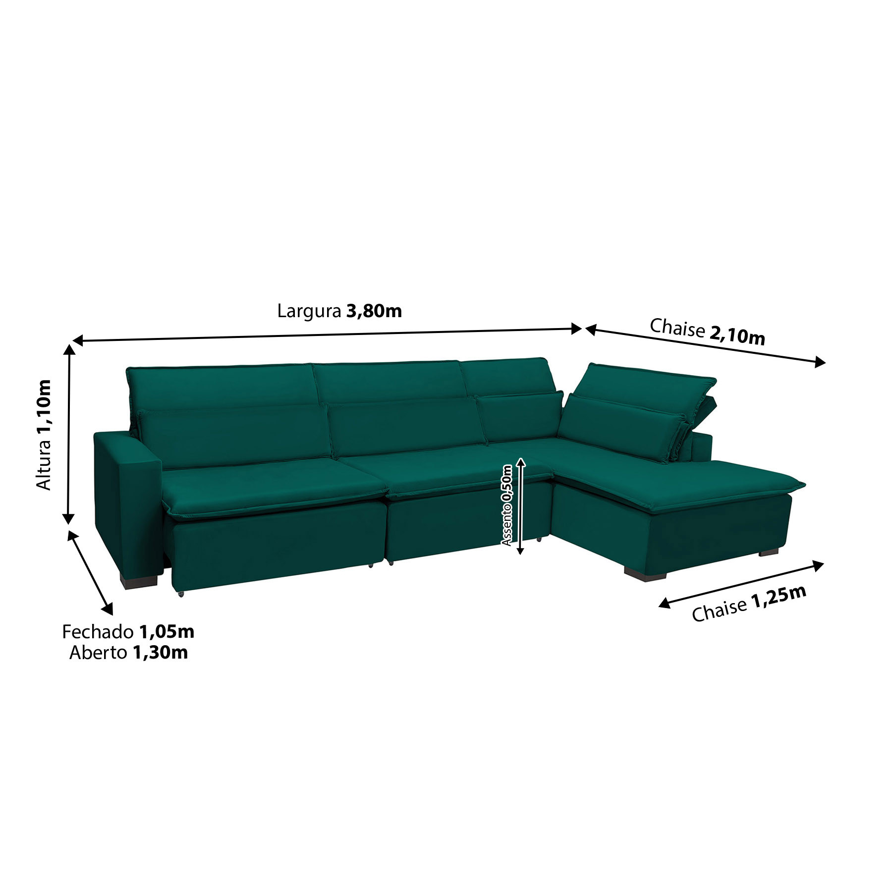 Sofá Istambul 3.80x2.10m Retrátil e Reclinável com Chaise - Verde