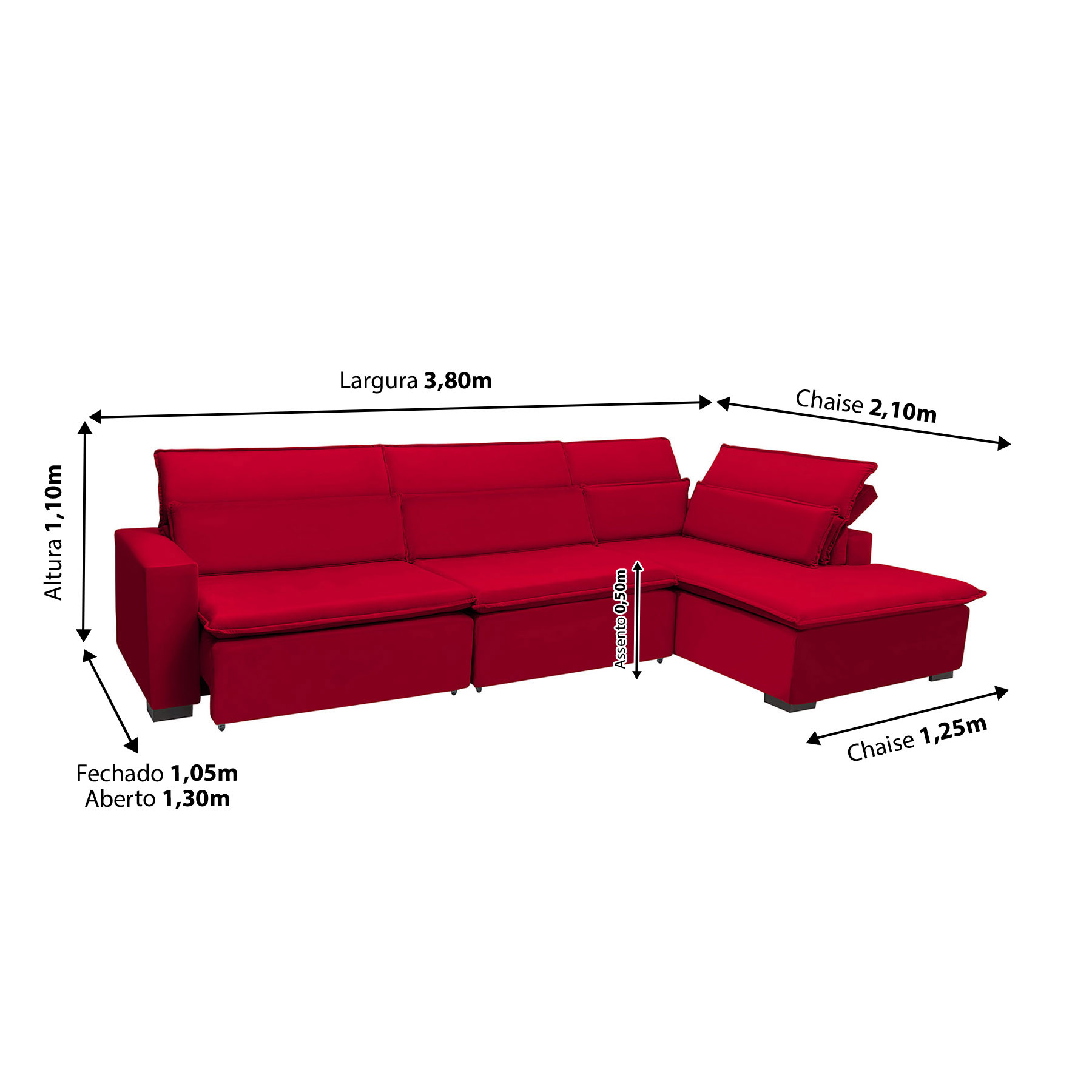 Sofá Istambul 3.80x2.10m Retrátil e Reclinável com Chaise - Vermelho