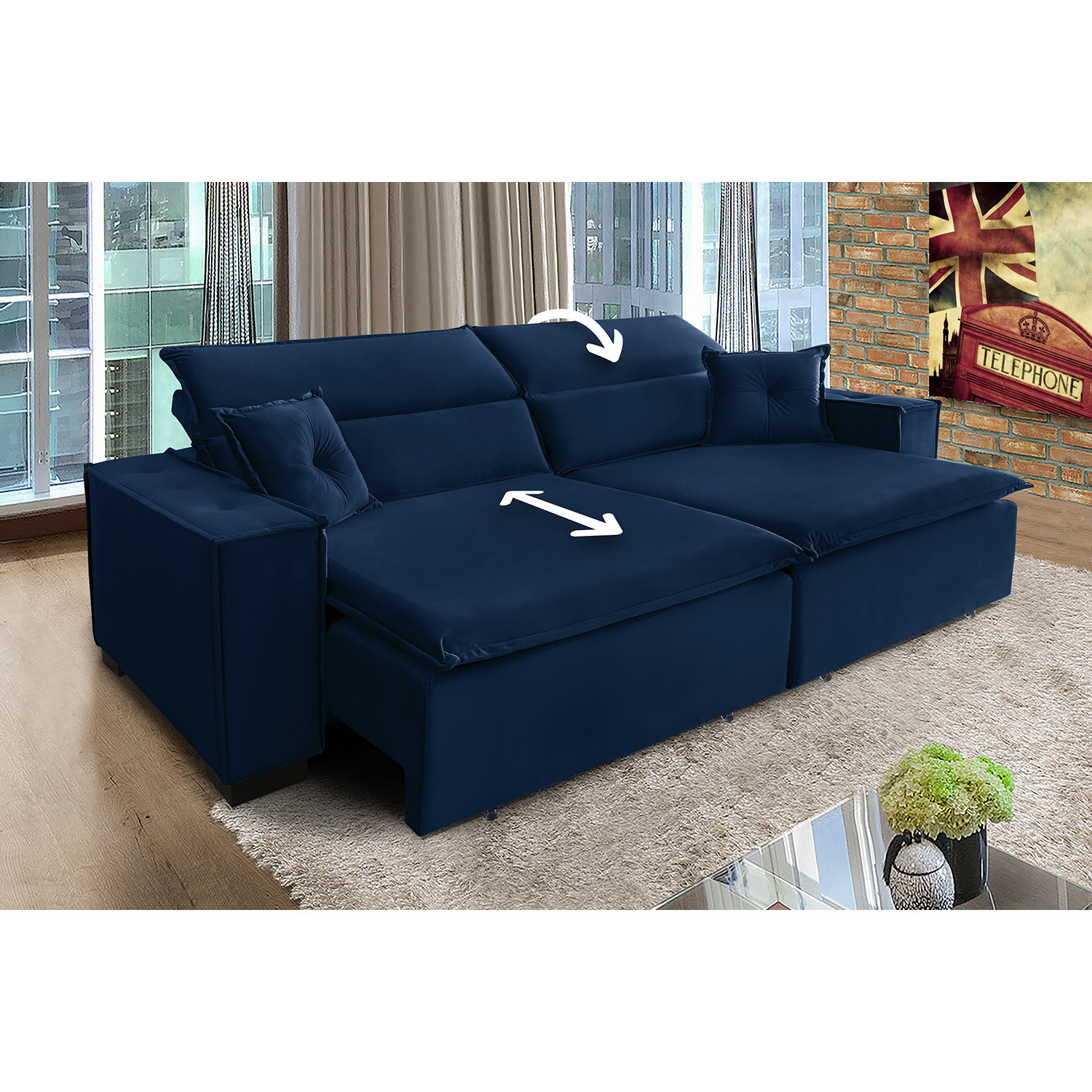 Sofá Londres 3.00m Retrátil e Reclinável Pillow Top - Azul