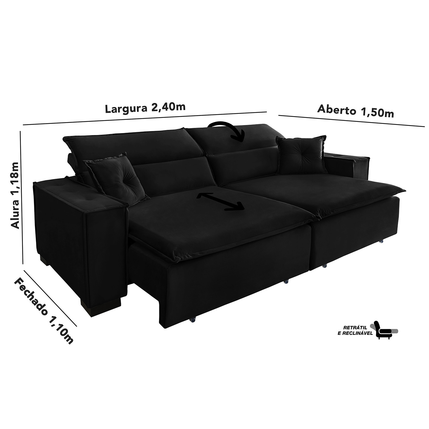 Sofá Londres 2.40m Retrátil e Reclinável Pillow Top - Preto