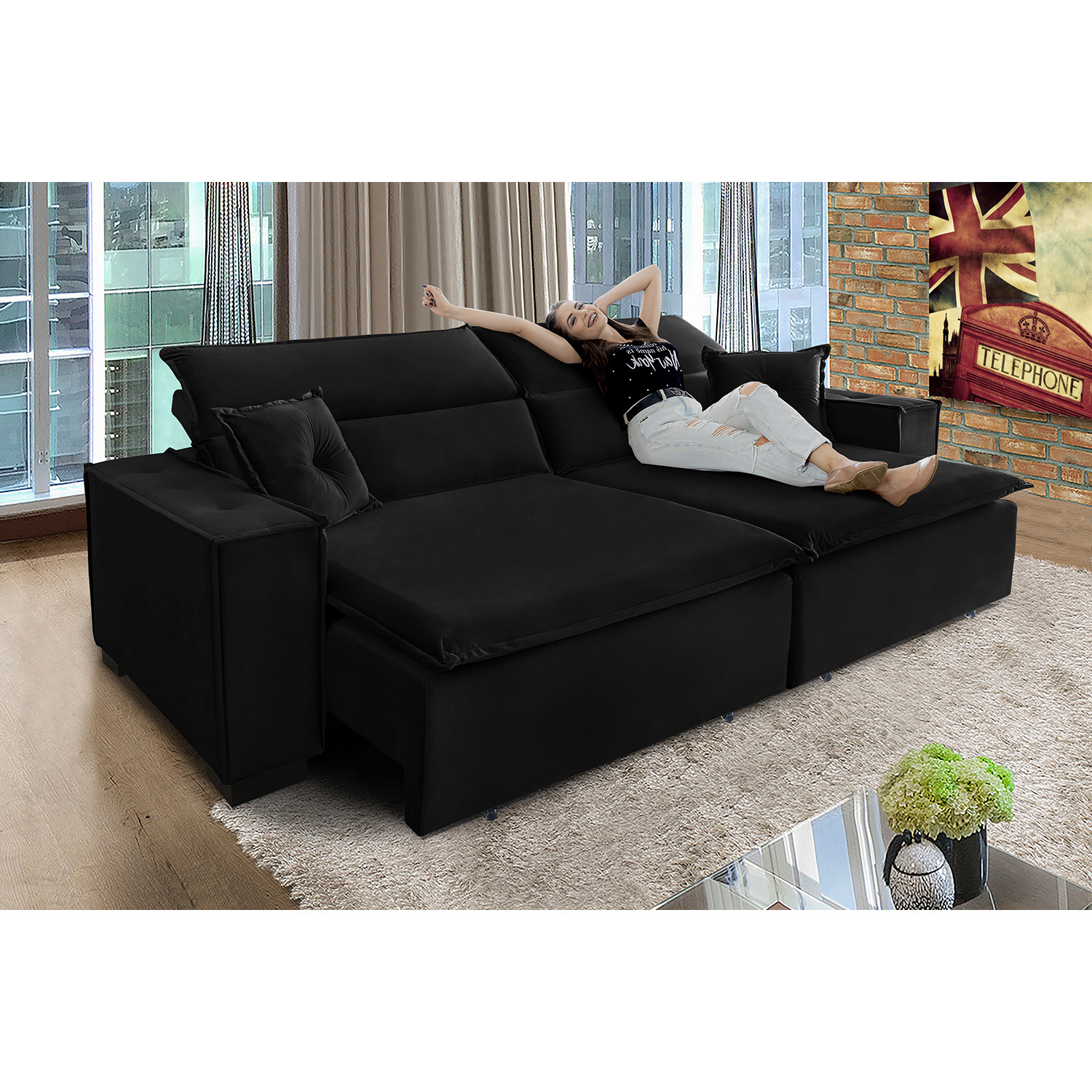 Sofá Londres 3.00m Retrátil e Reclinável Pillow Top - Preto