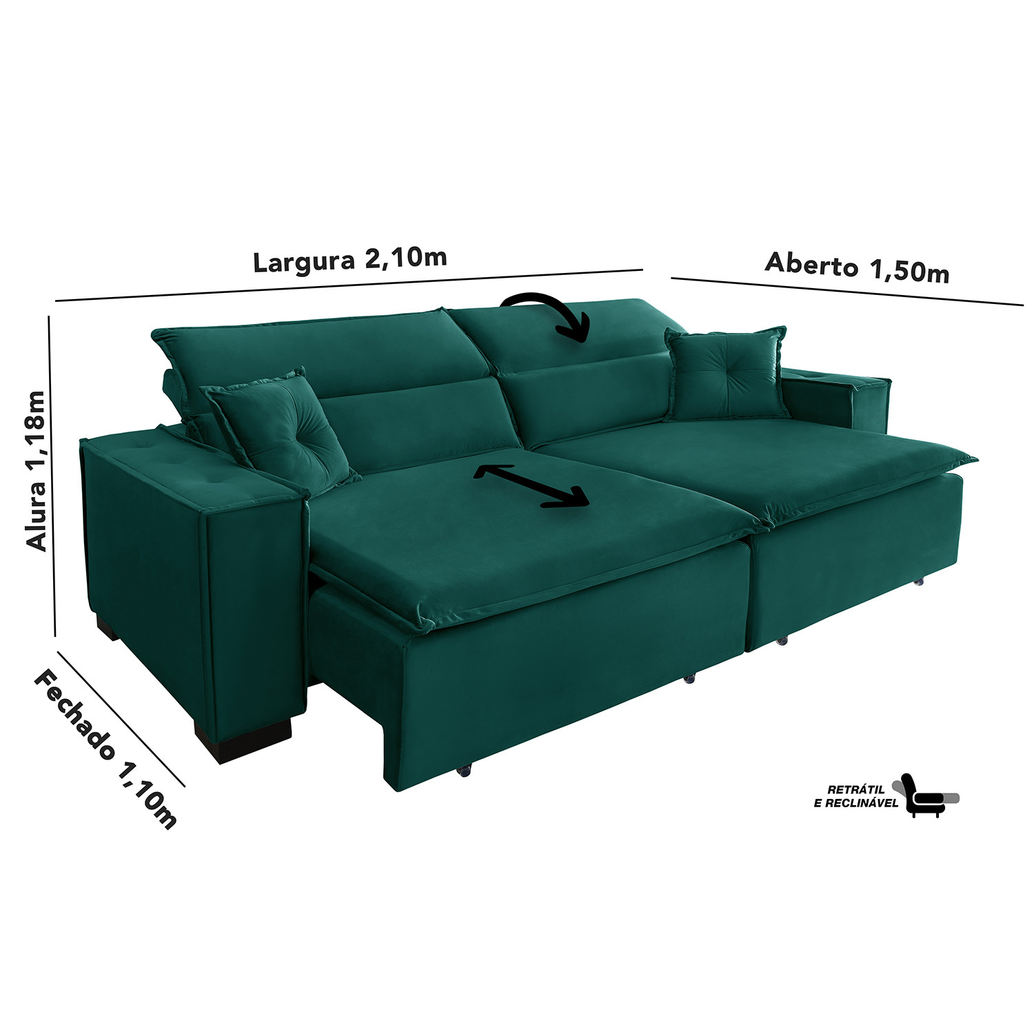 Sofá Londres 2.10m Retrátil e Reclinável Pillow Top - Verde