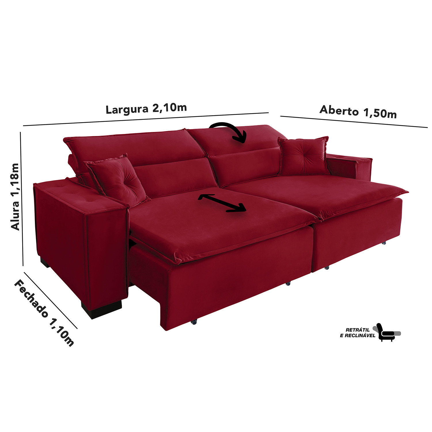 Sofá Londres 2.10m Retrátil e Reclinável Pillow Top - Vermelho