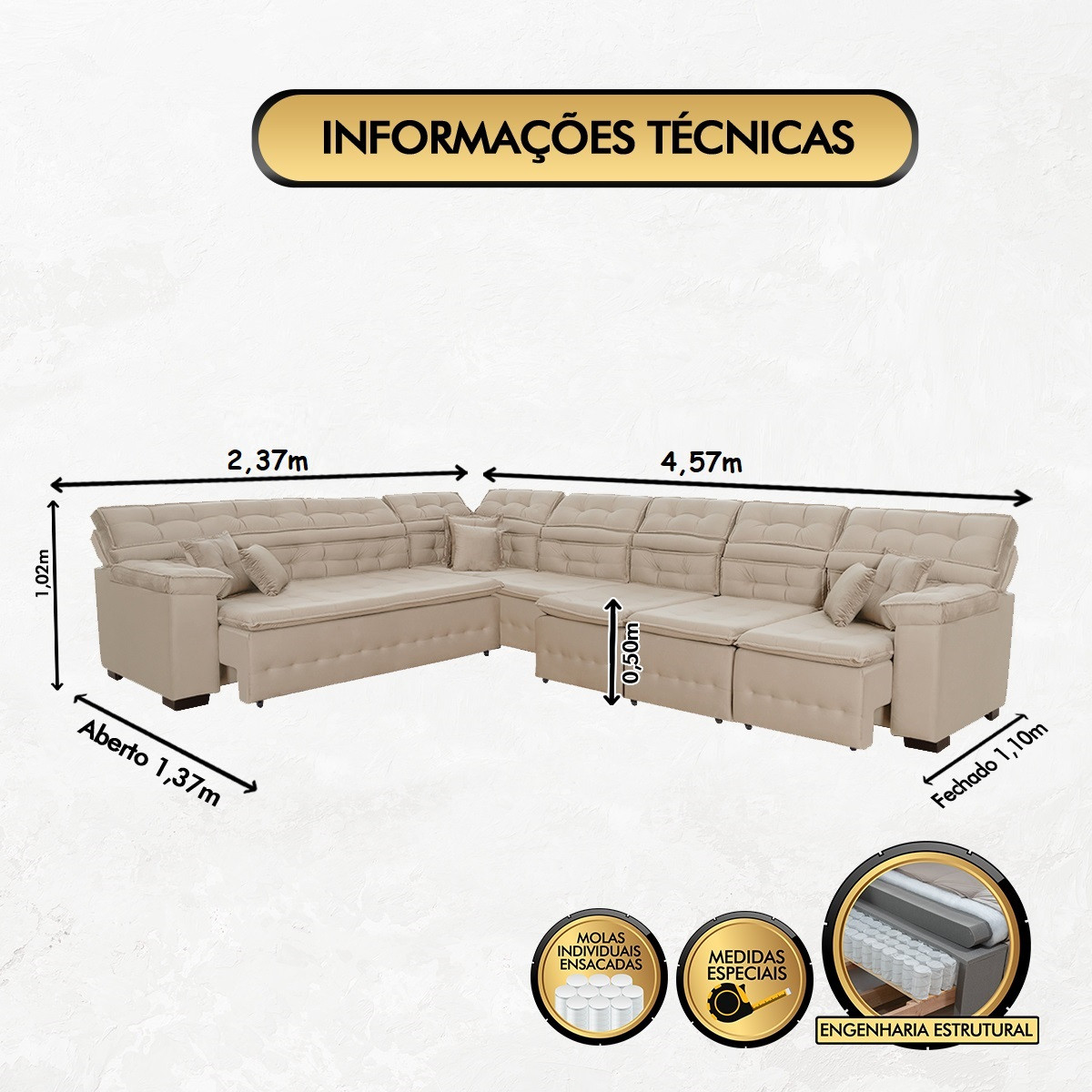 Sofá Magno 2.37x4.57m de Canto, Retrátil e Reclinável - Bege