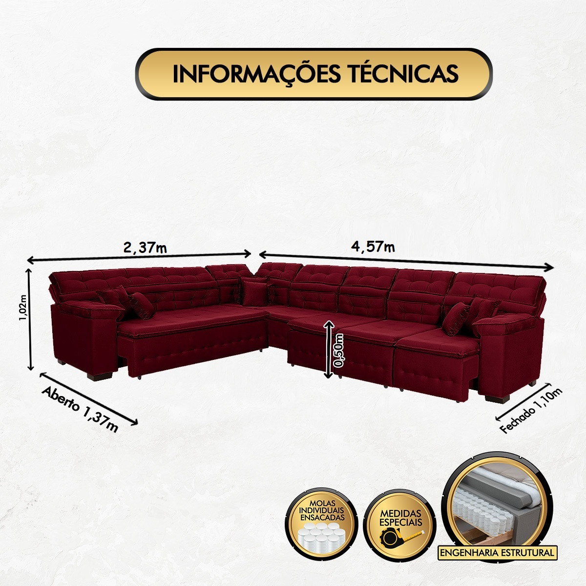 Sofá Magno 2.37x4.57m de Canto, Retrátil e Reclinável - Vinho