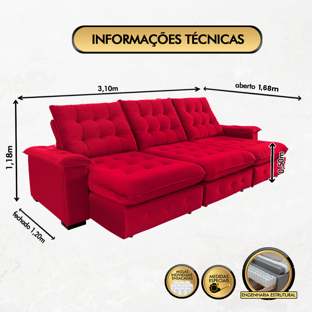 Sofá Coliseu 3.10m Retrátil e Reclinável Super Pillow - Vermelho