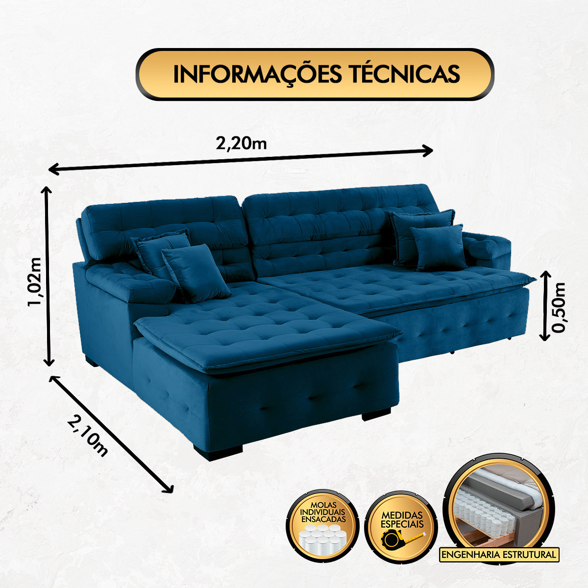 Sofá Orlando 2.20x2.10m com Chaise, Retrátil e Reclinável - Azul