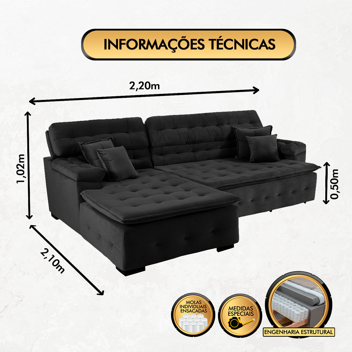 Sofá Orlando 2.20x2.10m com Chaise, Retrátil e Reclinável - Preto