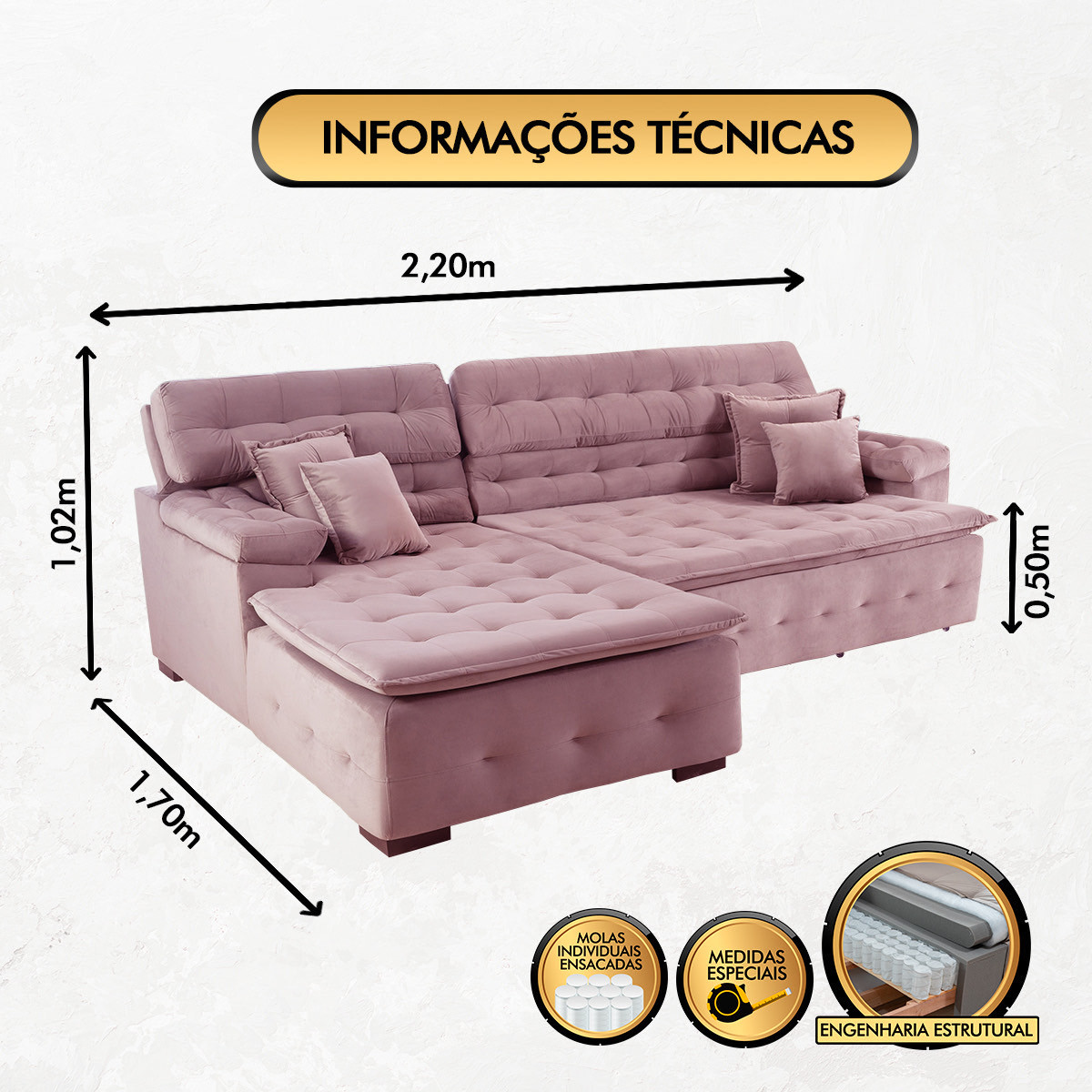 Sofá Orlando 2.20x1.70m com Chaise, Retrátil e Reclinável