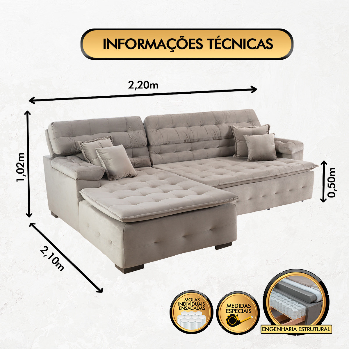 Sofá Orlando 2.20x2.10m com Chaise, Retrátil e Reclinável