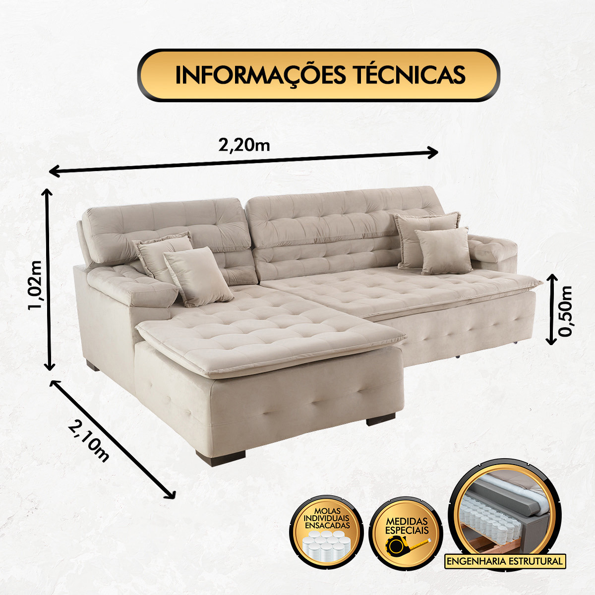 Sofá Orlando 2.20x2.10m com Chaise, Retrátil e Reclinável - Bege