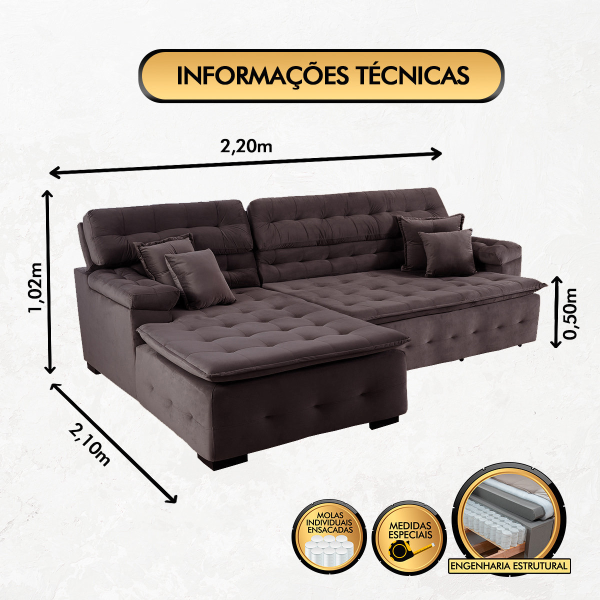 Sofá Orlando 2.20x2.10m com Chaise, Retrátil e Reclinável - Marrom