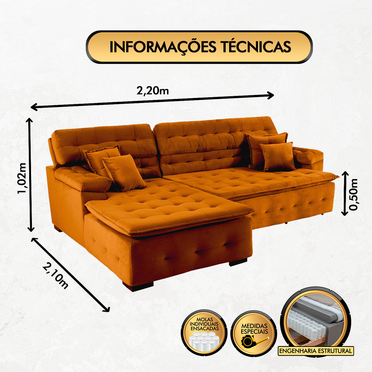 Sofá Orlando 2.20x2.10m com Chaise, Retrátil e Reclinável - Terra