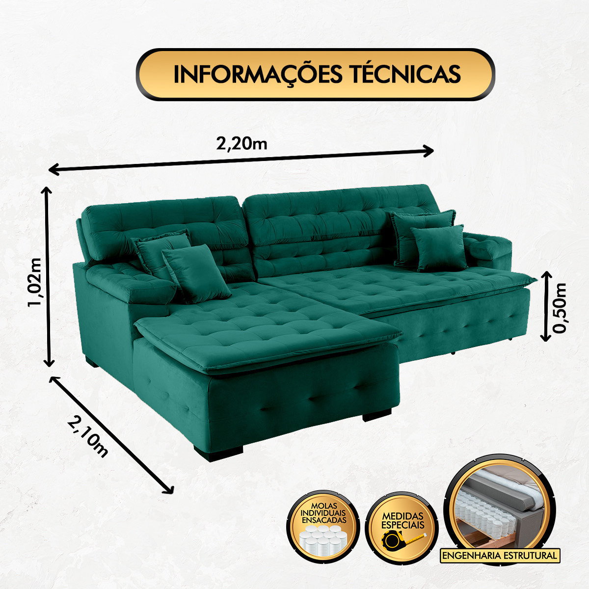 Sofá Orlando 2.20x2.10m com Chaise, Retrátil e Reclinável - Verde