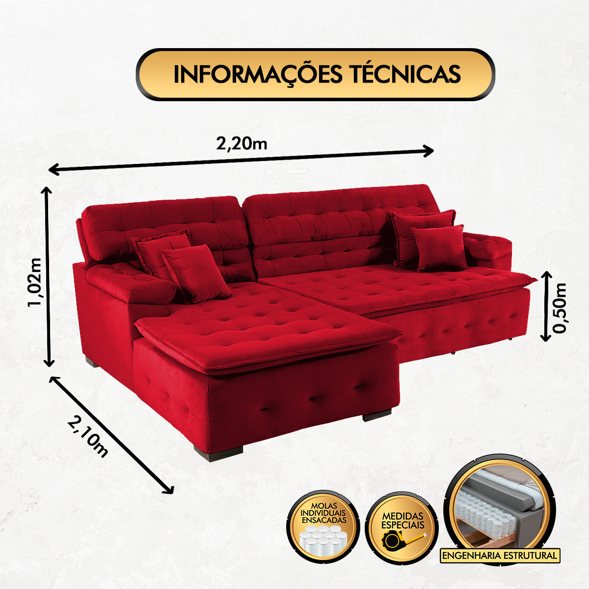 Sofá Orlando 2.20x2.10m com Chaise, Retrátil e Reclinável - Vermelho