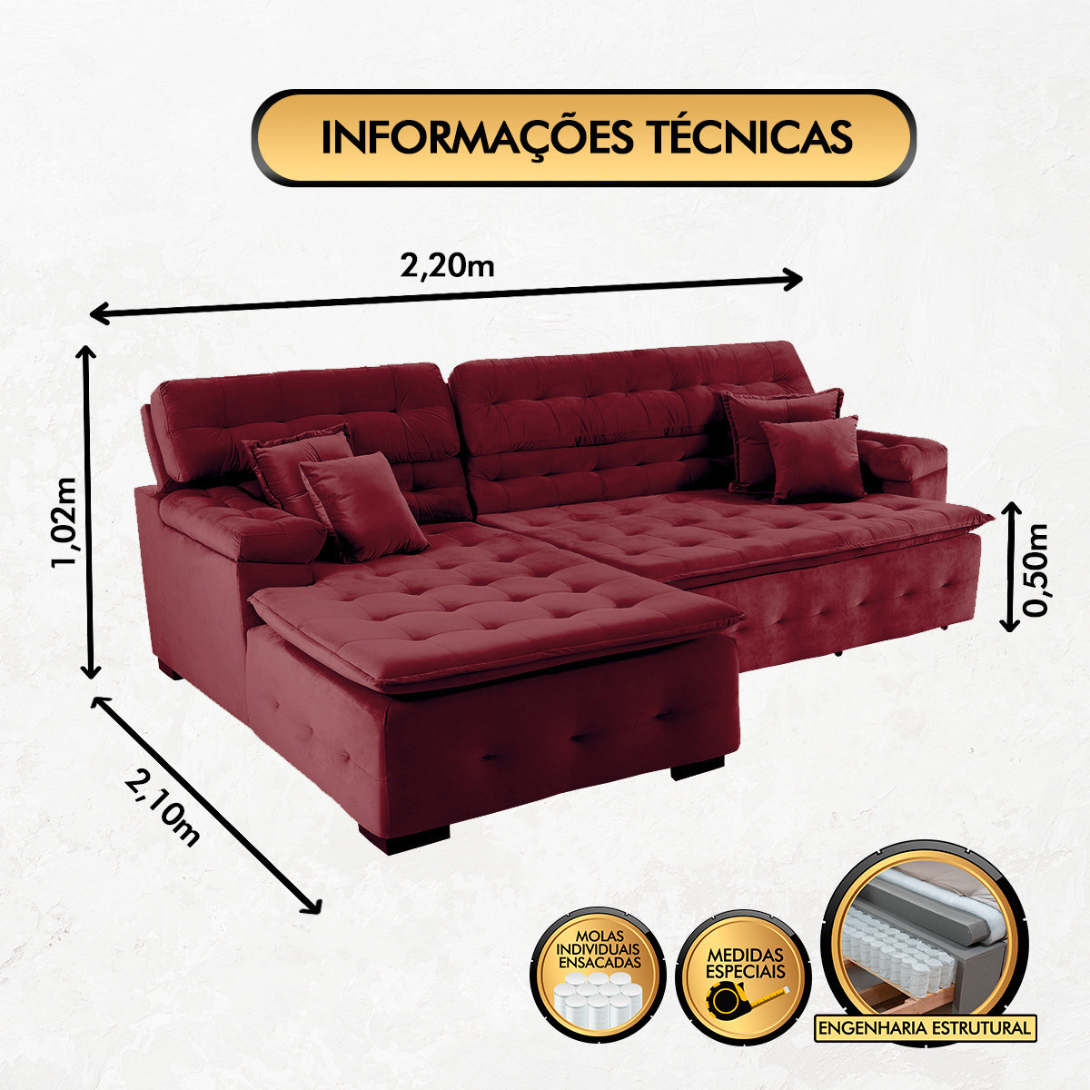 Sofá Orlando 2.20x2.10m com Chaise, Retrátil e Reclinável - Vinho