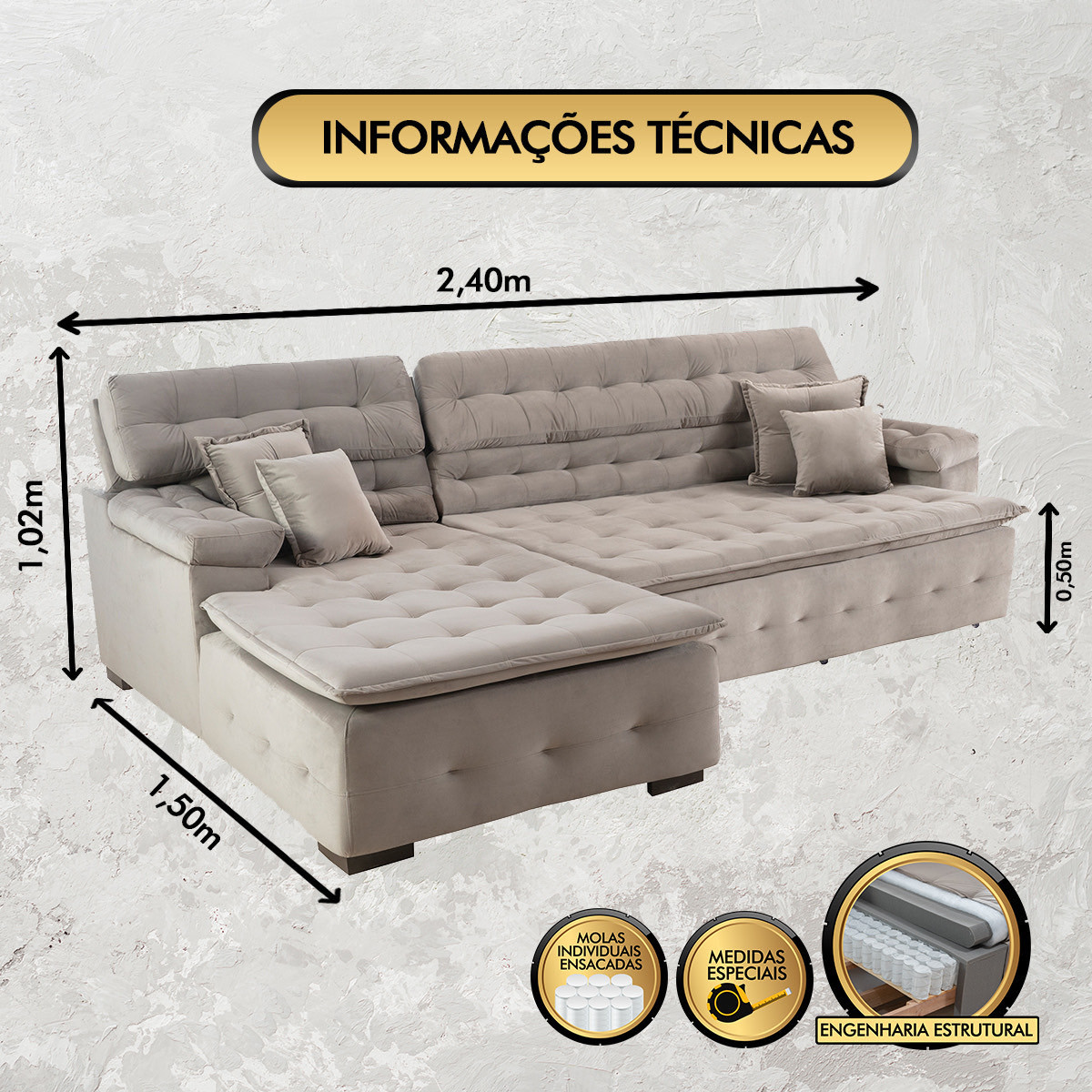 Sofá Orlando 2.40x1.50m com Chaise, Retrátil e Reclinável - Avelã