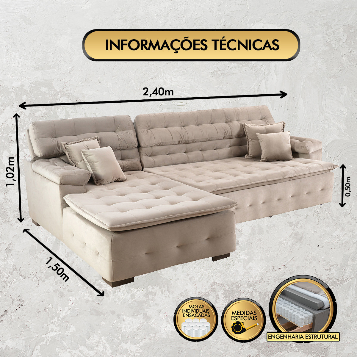 Sofá Orlando 2.40x1.50m com Chaise, Retrátil e Reclinável - Bege