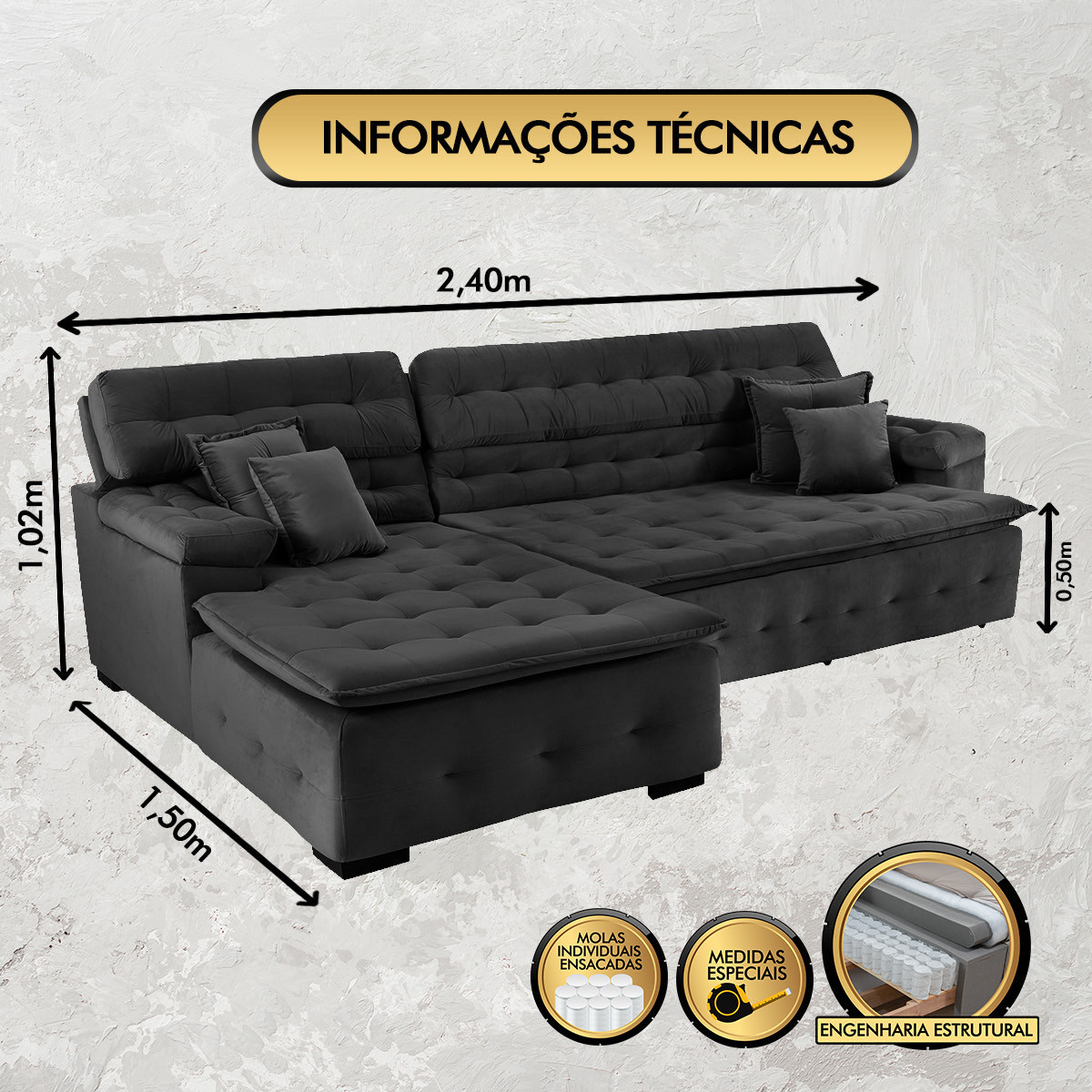 Sofá Orlando 2.40x1.50m com Chaise, Retrátil e Reclinável - Preto