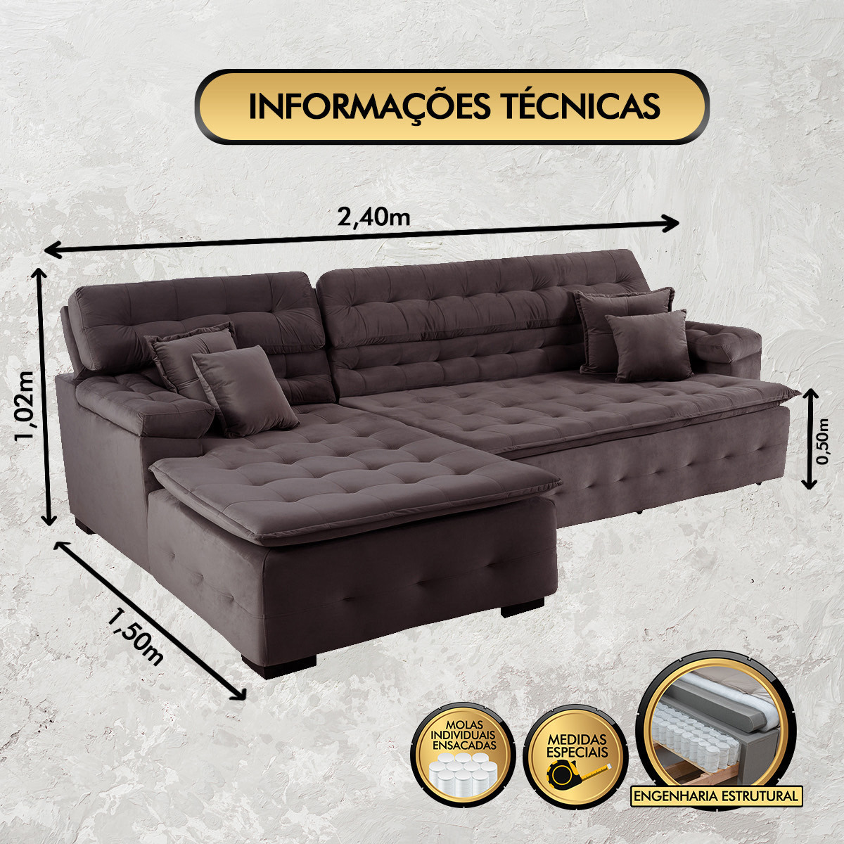 Sofá Orlando 2.40x1.50m com Chaise, Retrátil e Reclinável - Marrom