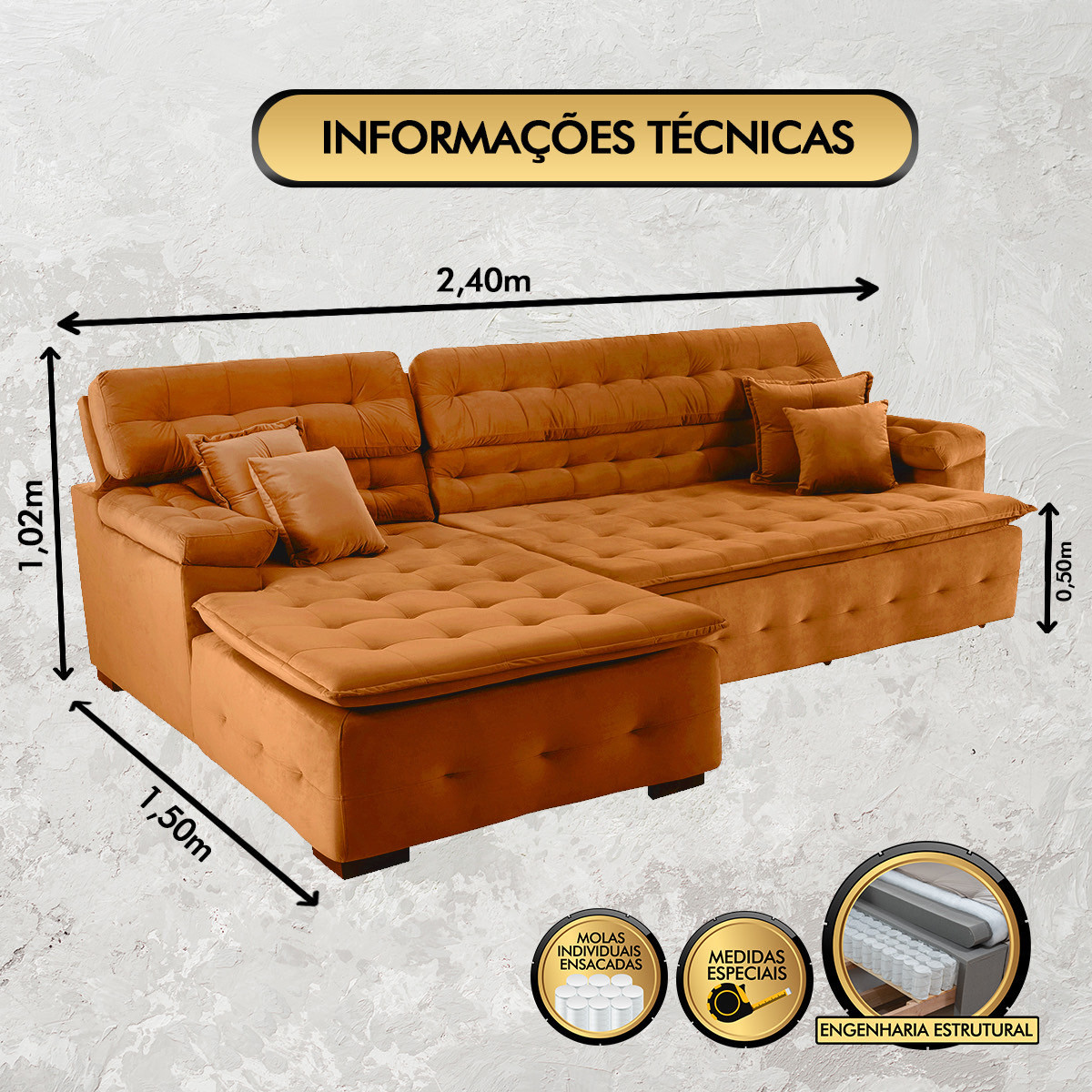 Sofá Orlando 2.40x1.50m com Chaise, Retrátil e Reclinável - Terra