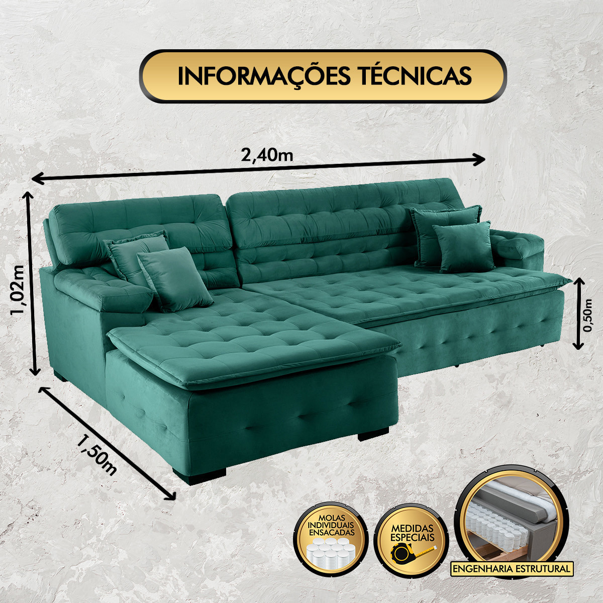 Sofá Orlando 2.40x1.50m com Chaise, Retrátil e Reclinável - Verde