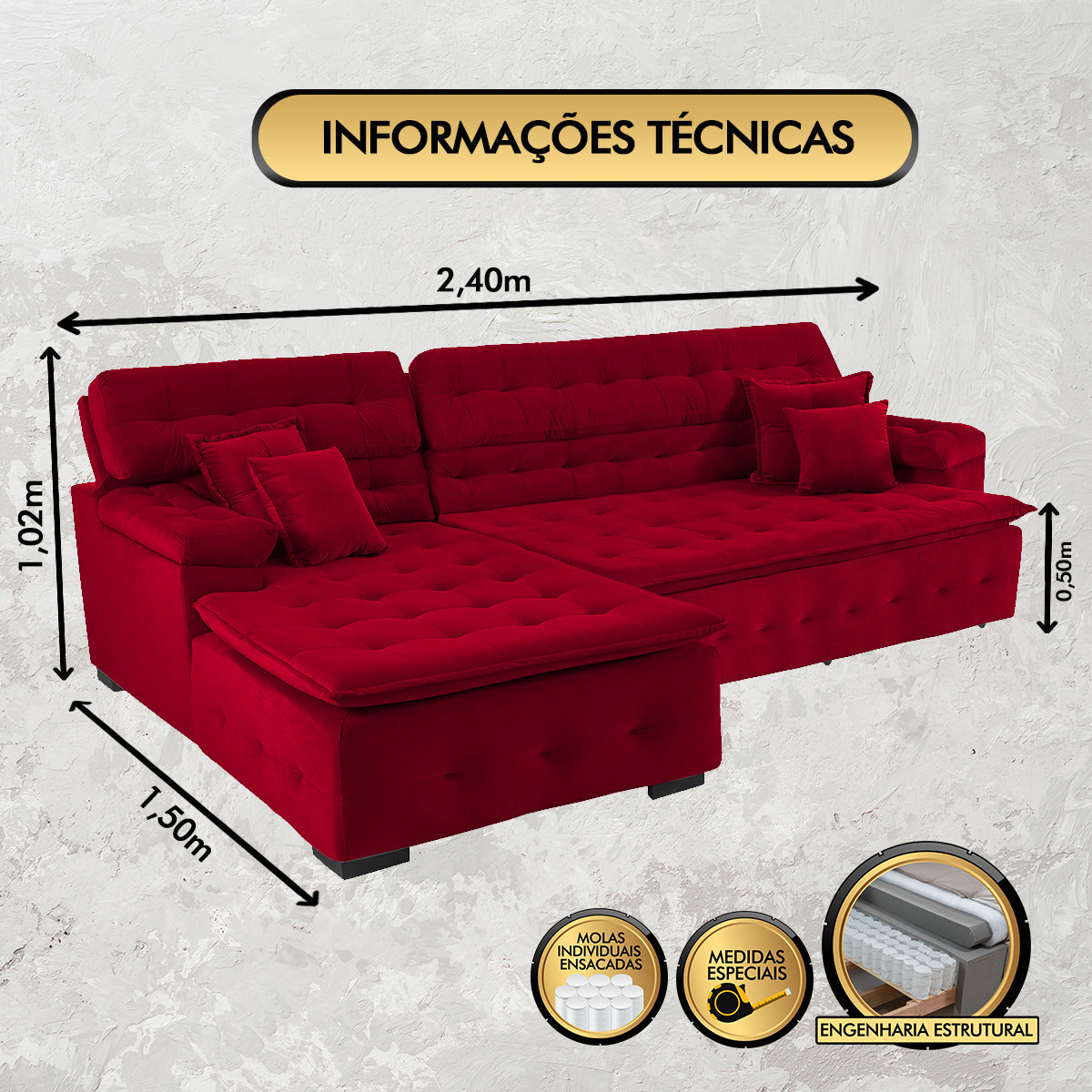 Sofá Orlando 2.40x1.50m com Chaise, Retrátil e Reclinável - Vermelho