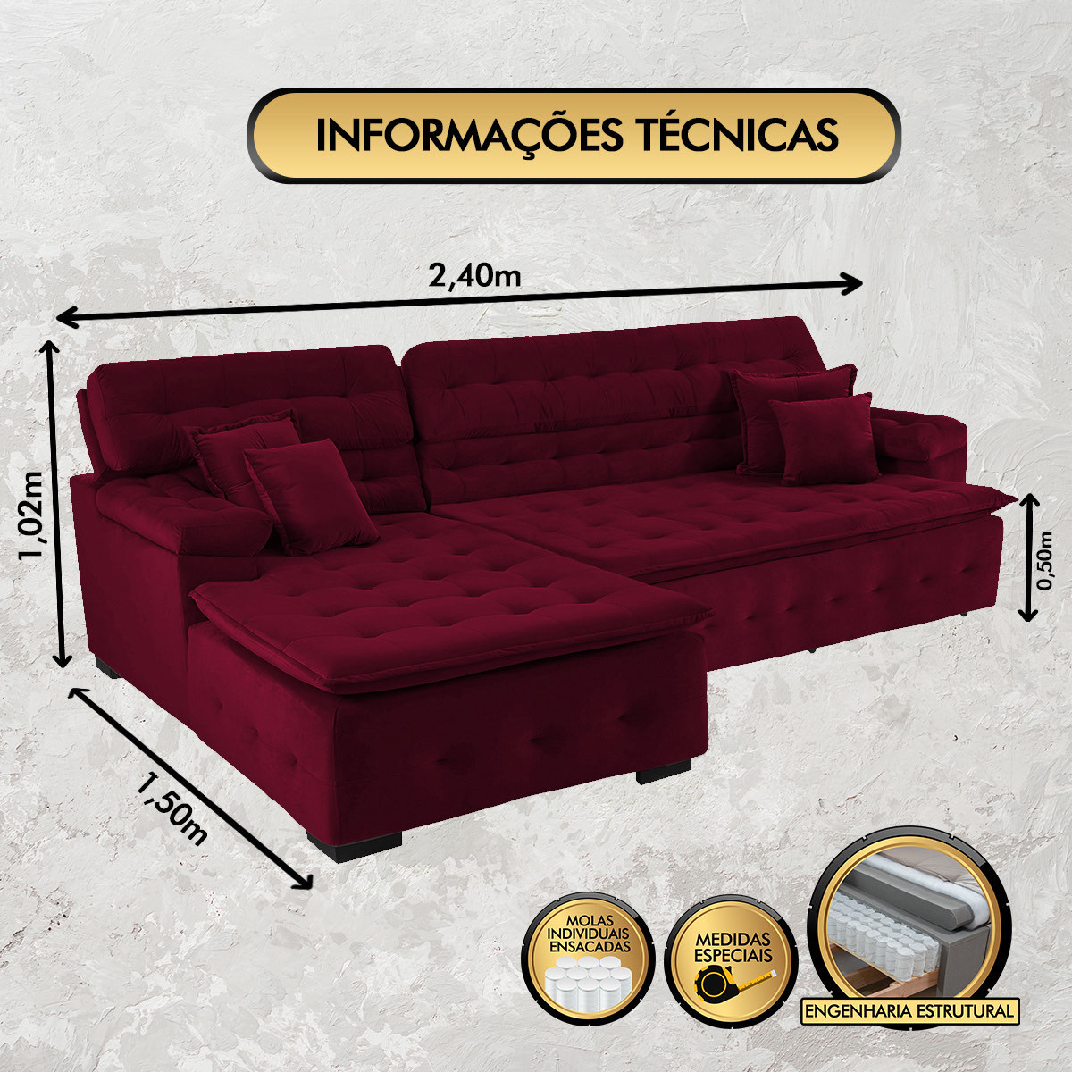 Sofá Orlando 2.40x1.50m com Chaise, Retrátil e Reclinável - Vinho