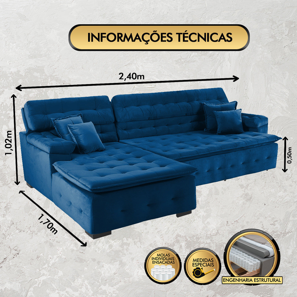 Sofá Orlando 2.40x1.70m com Chaise, Retrátil e Reclinável - Azul