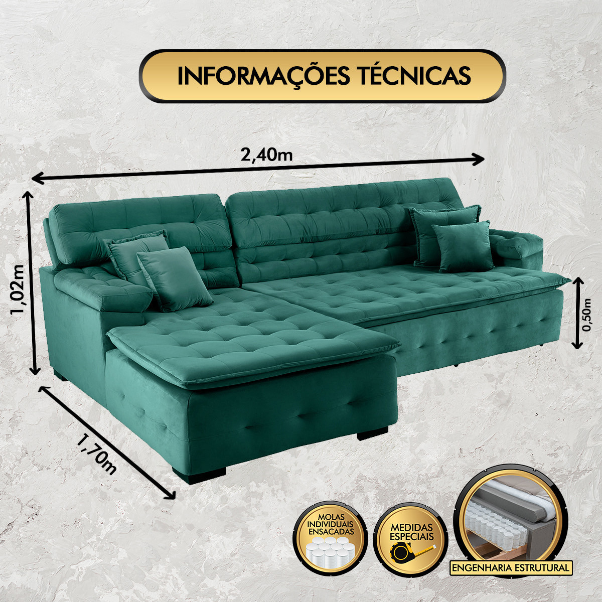 Sofá Orlando 2.40x1.70m com Chaise, Retrátil e Reclinável