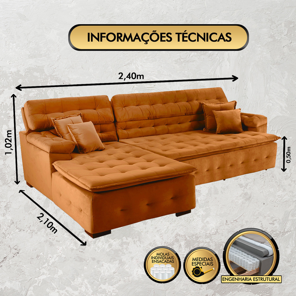 Sofá Orlando 2.40x2.10m com Chaise, Retrátil e Reclinável