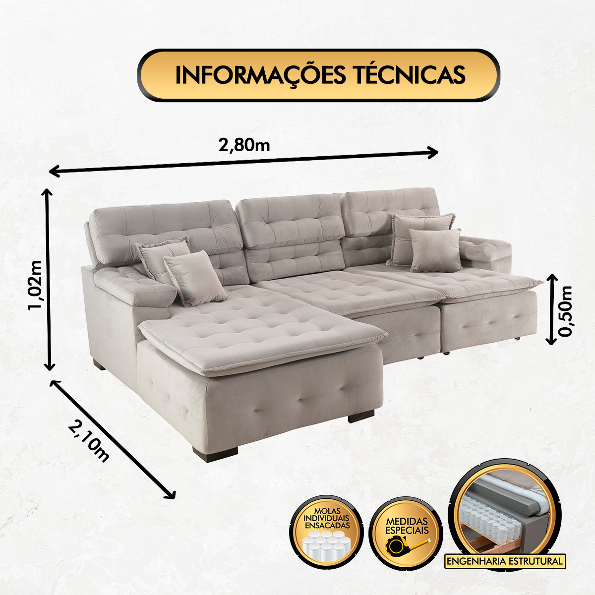 Sofá Orlando 2.80x2.10m com Chaise, Retrátil e Reclinável - Avelã