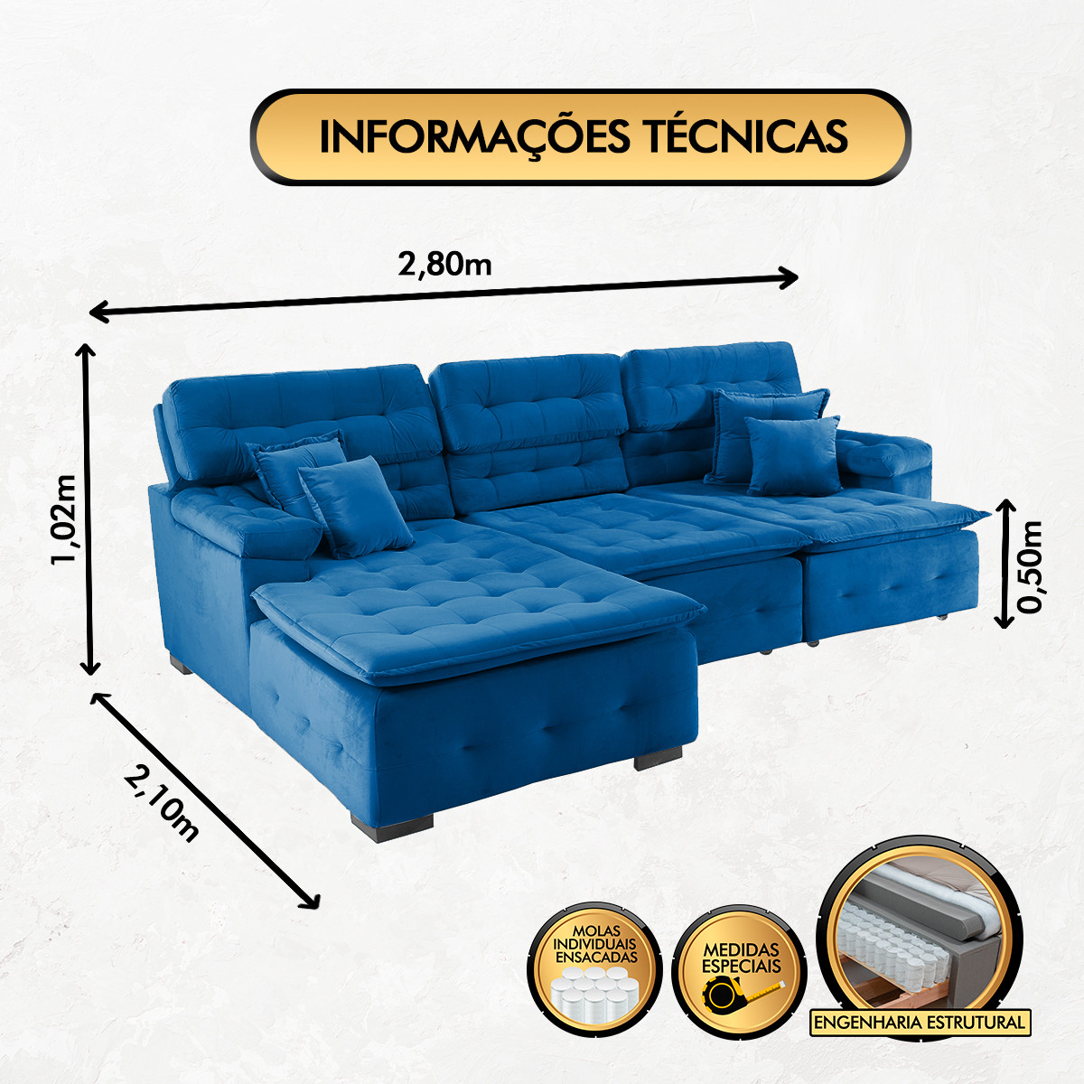 Sofá Orlando 2.80x2.10m com Chaise, Retrátil e Reclinável - Azul